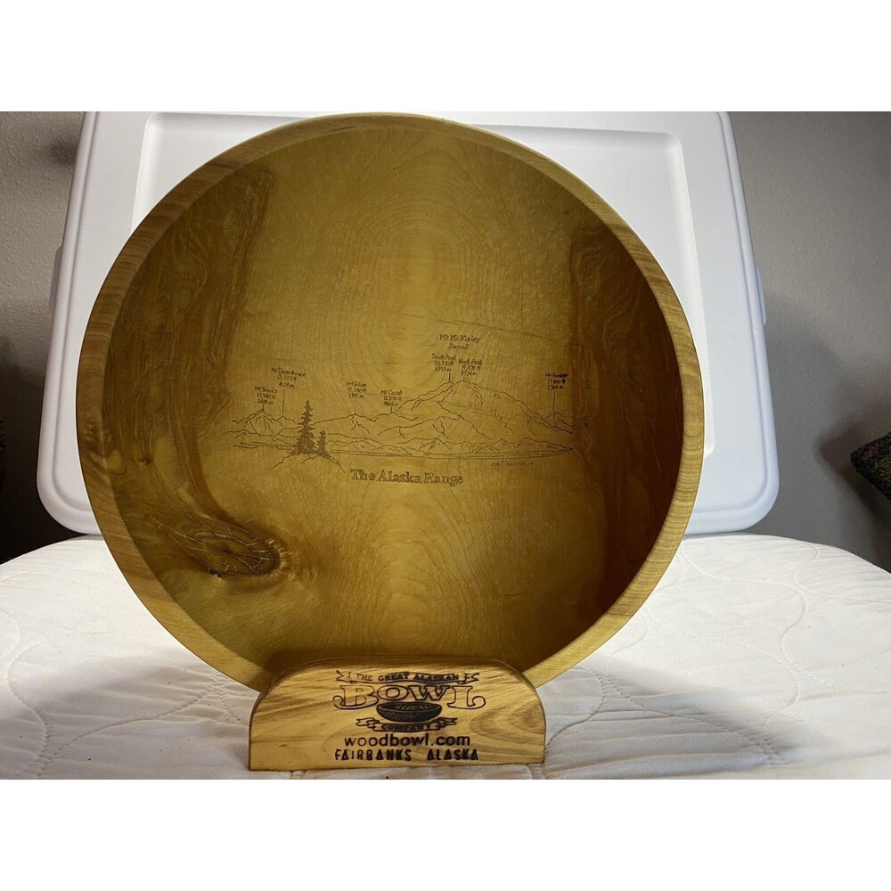 Wood Bowl “The Alaska Range”  10” W/Stand Made By The Great Alaskan Bowl Company